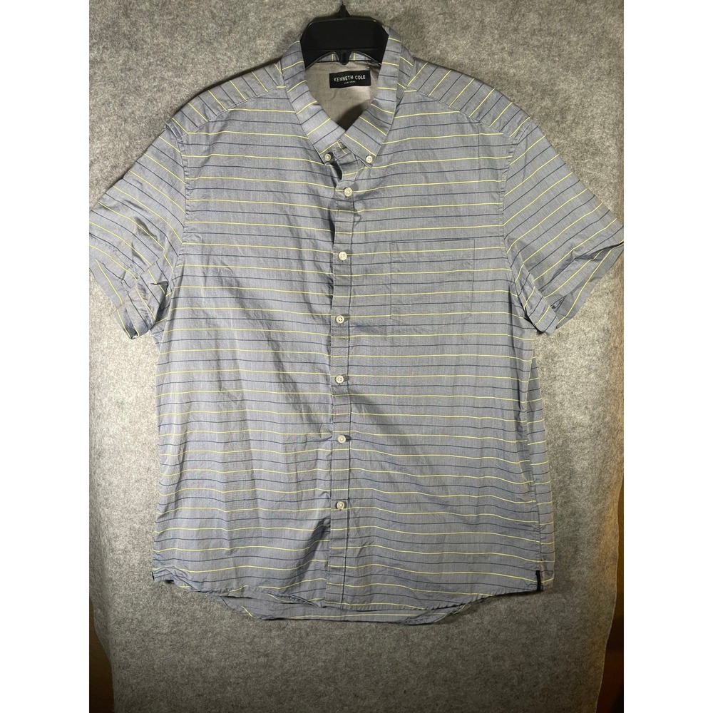 Kenneth Cole New York Mens Short Sleeve‎ Button Down Shirt Blue Yellow Striped L